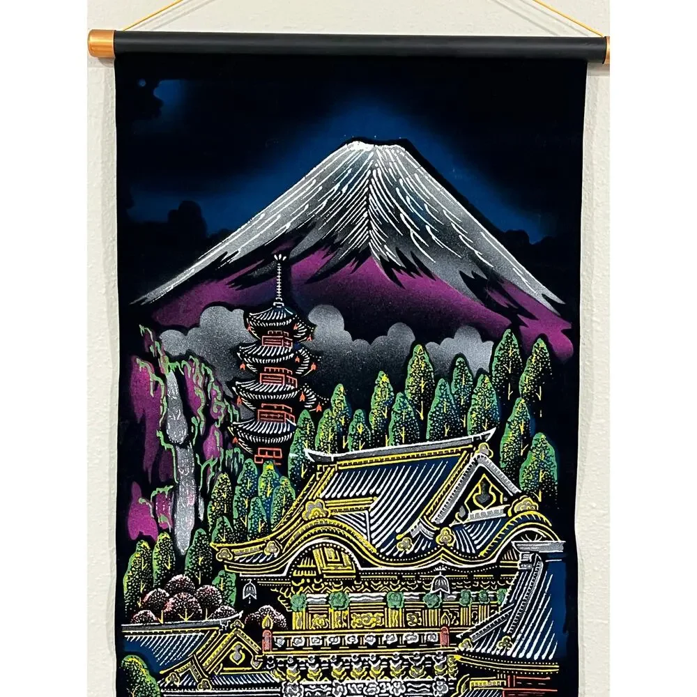 Japanese Wall Scroll Temple Scene Textile Art Hanging Asian Decor Made in Japan